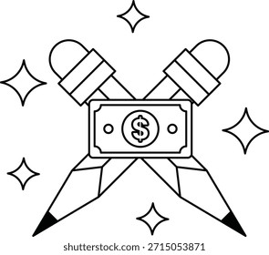 A pair of pencils with a dollar bill in between them. The pencils are crossed over each other, and the dollar bill is placed in the middle. Concept of money and the importance of writing