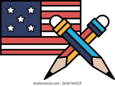 A pair of pencils are next to an American flag. The pencils are blue and yellow