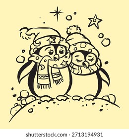 Um par de pinguins e o vetor de neve para ilustração, cartão, decoração