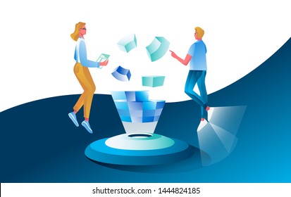 Pair of people collecting and organizing shapes scattered around them. Man and woman holding shapes. Concept of teamwork. Vector illustration in contemporary flat cartoon style.