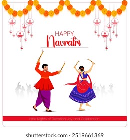 A pair of people likely a man and a woman, engaged in a dance The background features diyas hanging from garlands marigold flower on the top 