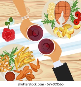 Pair Of People In Love On A Date. Top View Of Dine With Grilled Chicken Wings, Fish And Wine. Vector Illustration Eps 10