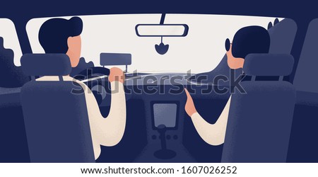 Pair of people sitting on front seats of car moving along highway. Automobile driver and passenger, back view. Road journey, ride, trip. Trendy colorful vector illustration in modern cartoon style.