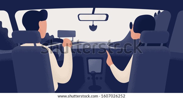 Pair of people sitting on front seats of car\
moving along highway. Automobile driver and passenger, back view.\
Road journey, ride, trip. Trendy colorful vector illustration in\
modern cartoon style.