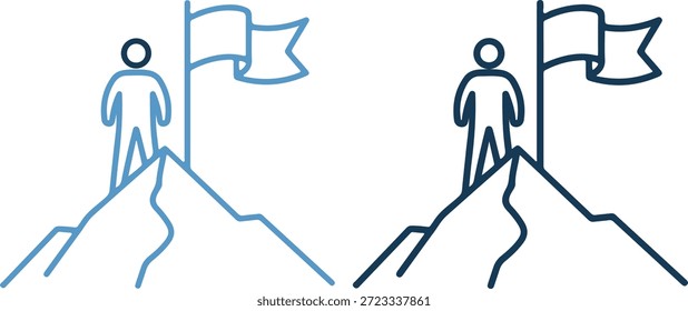Un par de personas de pie en los picos de las montañas, cada uno con una bandera, uno delineado en azul y el otro en azul oscuro, sobre un fondo blanco puro