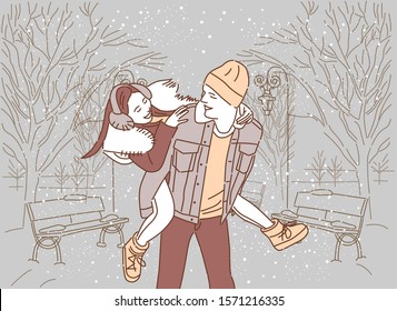 Pair of people walking in snowy in winter park. Lovely couple strolling together. Man and woman in city. Cityscape with trees lit with lights. Vector illustration.