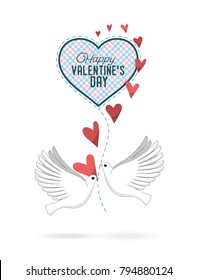 A Pair of Pigeons Keep a Checkered Heart In Their Beaks. Vector Illustrration For Valentine's Day