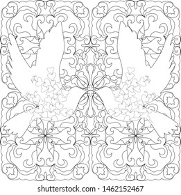 A pair of pigeons on the background of an abstract ornament. Zenart. Anti stress coloring.