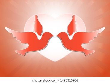 A pair of pigeons on a background of hearts. Wedding design elements. Vintage greeting cards, wedding invitations, envelopes. Vector illustration