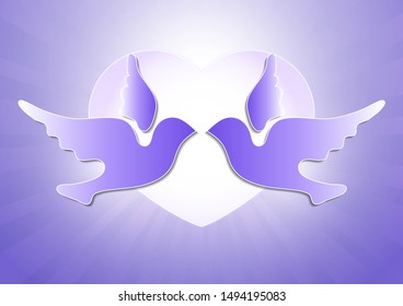 A pair of pigeons on a background of hearts. Wedding design elements. Vintage greeting cards, wedding invitations, envelopes. Vector illustration