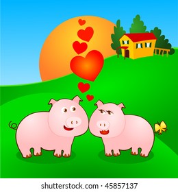 A pair of pigs love the background, the farm at sunset. Vector