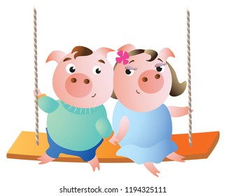 A pair of pigs in love on a swing. Vector illustration. Isolated on transparent background. Excellent for the design of postcards, posters, stickers etc.