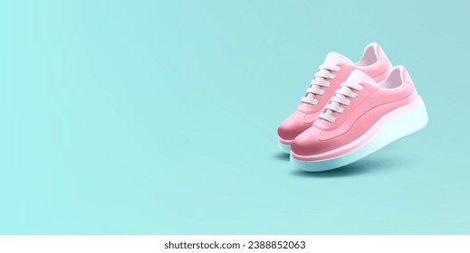 Pair of pink 3D women's sneakers. For fashion lifestyle, new design, sports, walking, selling shoes. The image is on a blue background.