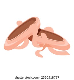 Pair of pink ballet pointe shoes for dancing lying on floor, silk ribbons untied