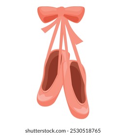 Pair of pink ballet shoes is hanging from a ribbon bow, suggesting the end of a dance class or performance