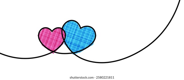 A pair of pink and blue plaid hearts outlined in black, connected by a flowing black line on white. Vector illustration.