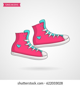 Pair of pink, blue and white women's sneakers. Hand drawn shoes icon. Vector illustration. 