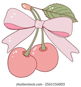 Pair of Pink Cherries with Ribbon Bow and Leaf