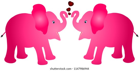 Pair of pink colour elephant calf baby cartoon vector illustration with red hearts against white background