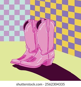 A pair of pink cowboy boots in checkered background