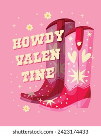 A pair of pink cowboy boots decorated with hearts and stars and a hand lettering message Howdy Valentine. Romantic colorful hand drawn vector illustration in bright vibrant colors. 