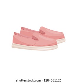 Pair of pink female slip-ons, side view. Cute shoes with rubber sole. Casual women footwear. Flat vector design