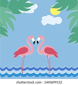 pair pink flamingo stand center sea blue sky big tropical leaves
