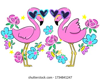 pair of pink flamingos with glasses and flowers.Design print. vector illustration