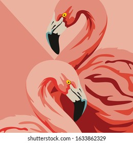 A pair of pink flamingos. Two beautiful birds bowed their heads to each other. Vector illustration of flat design. Loving couple. Symbol of love.
