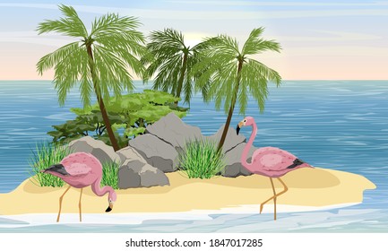 Pair of pink flamingos in the water near the coast of a small tropical island with stones and palm trees. Birds of Africa and South America. Anser caerulescens. Realistic vector landscape