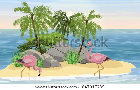 Pair of pink flamingos in the water near the coast of a small tropical island with stones and palm trees. Birds of Africa and South America. Anser caerulescens. Realistic vector landscape