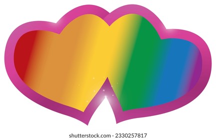 Pair of pink framed hearts joined together with rainbow flag inside, celebrating love during Pride.