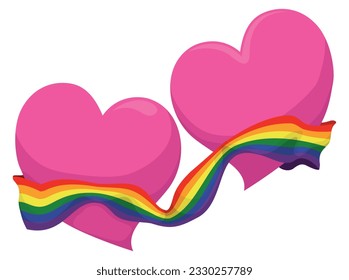 Pair of pink hearts joined with a rainbow flag in cartoon style.