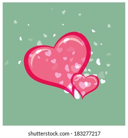a pair of pink hearts and some white hearts in green background
