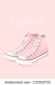 A pair of the pink high top sneakers with white laces on the monochrome background. Happy birthday flat line vector illustration, card, banner, poster