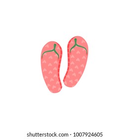 Pair of pink rubber flip-flops, typical summer vacation footwear, cartoon vector illustration isolated on white background. Cartoon rubber flip-flops, summer footwear