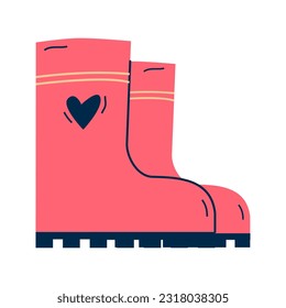 Pair of pink rubber rain boots with heart. Symbol of autumn and wet weather. Vector illustration Isolated on white background.