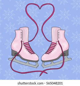 Pair of pink skates on a blue background. Pink laces in the form of heart. Winter blue background with white snowflakes. Hand drawing ice skates. Vector illustration. Valentine's Day card. 