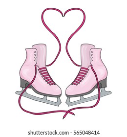 Pair of pink skates on a white background. Pink laces in the form of heart. Card for Valentine's Day. Hand drawing ice skates. Vector illustration. Valentine's Day card. 