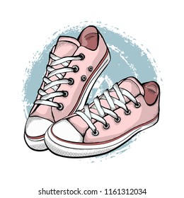 A pair of pink sneakers isolated on white background.
 Hand drawn vector illustration.