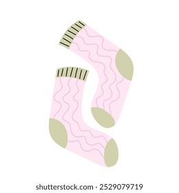 Pair of pink socks. A women accessory. Warm cozy socks. Seasonal clothing. Christmas and New Year time. Flat illustration on a white background.