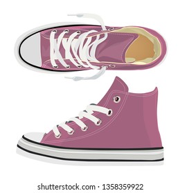 Pair of pink textile sneakers. Vector illustration. Isolated on a white background.