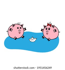A Pair of a Pink Vector fat pigs girl and boy sitting in a blue pool and playing with paper boat on a white background