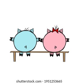 A Pair of a Pink Vector piggy fat girl and a blue piggy boy sitting on a bench together on a white background. Rear view