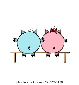 A Pair of a Pink Vector piggy fat girl and a blue piggy boy sitting on a bench together on a white background. Rear view