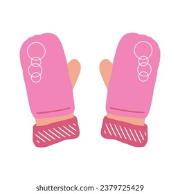 Pair of pink woolen knitted mittens with circles pattern. Woolen knitted gloves isolated on the white background.