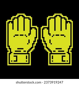 Pair of pixel goalkeeper gloves for playing classic football. Soccer goalie protective gear. Simple black and yellow vector isolated