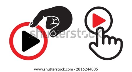 Pair of play button icons, one showing a hand holding a play button and other illustrating a clicking hand gesture.