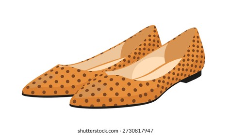 Pair of pointed toe flat shoes featuring a stylish orange and black polka dot pattern isolated on a plain white background.