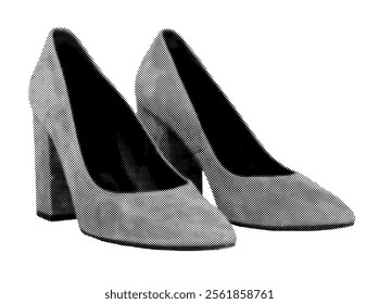 Pair of pointed toe suede heels for women. Modern, trendy footwear in a stylish retro, vintage grayscale design with halftone. Vector illustration isolated on white background.